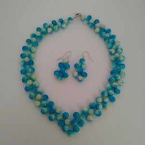 Glass sea blue handmade necklace-earrings set